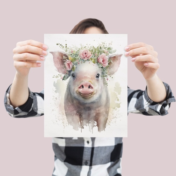 Watercolor Cute Floral Farm Pig Wall Art Illustration Print Poster Unframed - Picture 4 of 7